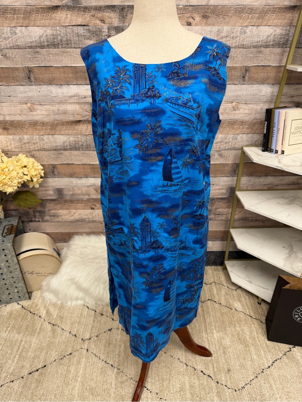 Fashions of Hawaii Blue Sheath Sleeveless Dress